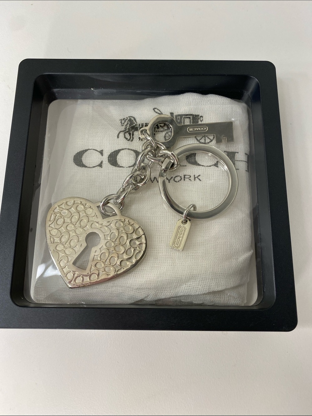 Coach Silver-Tone Heart & Key. Keyring with Signature